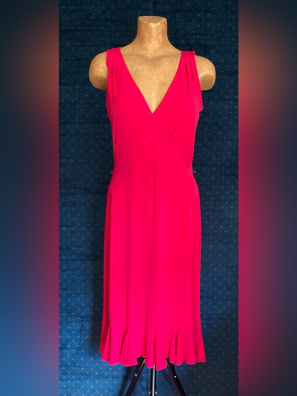 London Times sleeveless faux-wrap dress flounce hem Size 8 measurements in pics